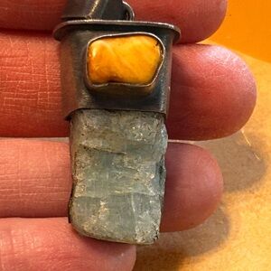 Oxidized Sterling Silver Pendant with Australian Aquamarine & Baltic Amber